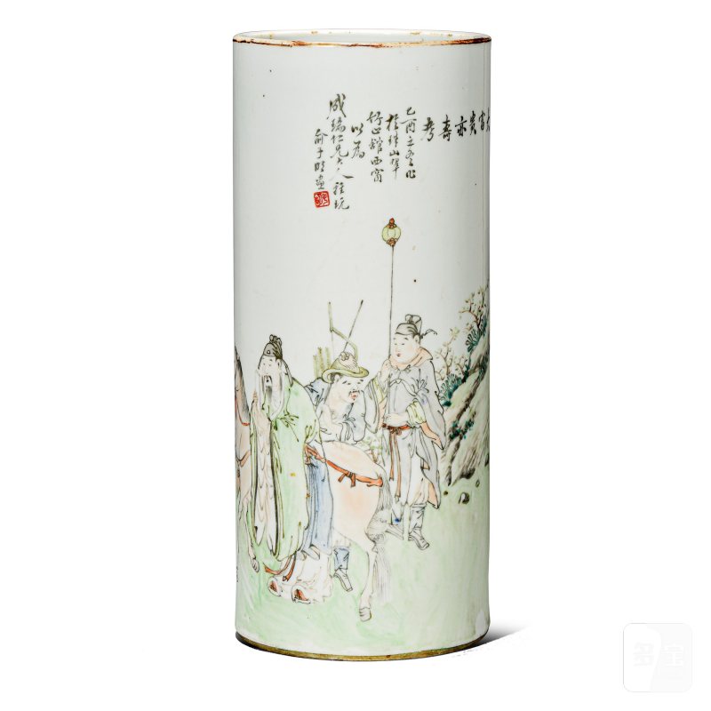 清光绪 俞子明浅绛彩大富贵亦寿考帽筒